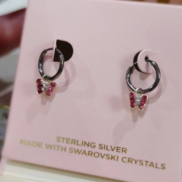FAO Schwarz Sterling Silver Butterfly Hoop Earrings – Swarovski Crystals OS - Picture 8 of 11